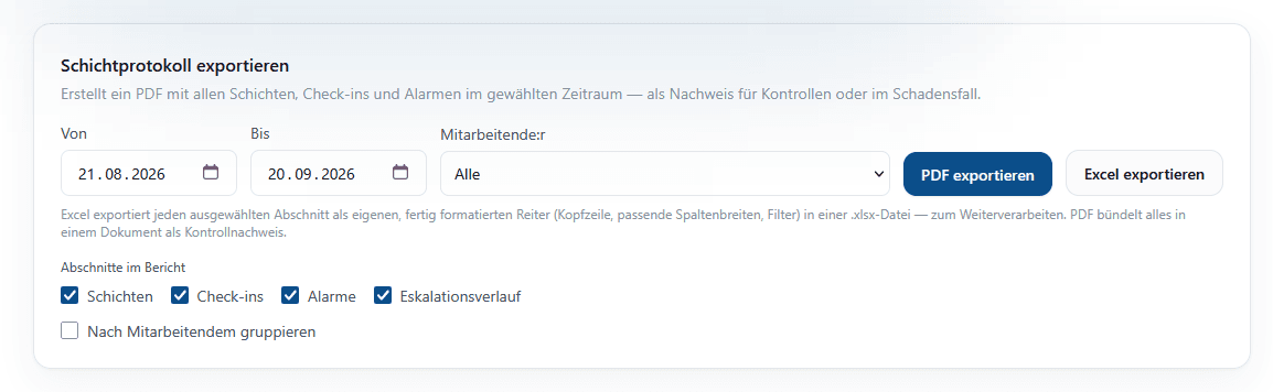 Export im Dashboard: Schichten, Alarme und Audit-Log als PDF-Nachweis